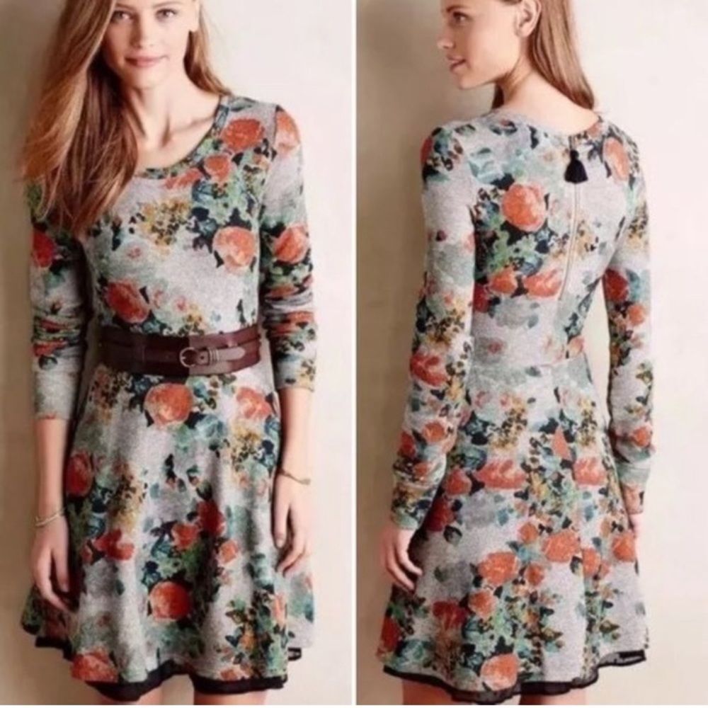 Saturday Sunday Anthropologie Floral Print Dress M Terry Knit Long Sleeve